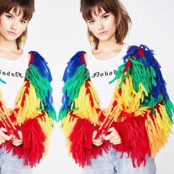🆕 Dolls Kill 🌈 Rainbow Shaggy Fur Cardigan - Picture 4 of 7